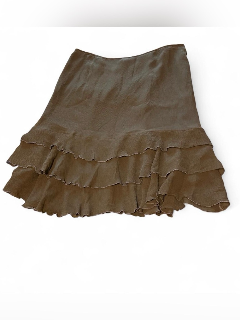 maska olive green tiered 100% silk midi skirt